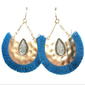 Hammered metal gold & teal fringe earrings 2.5” L